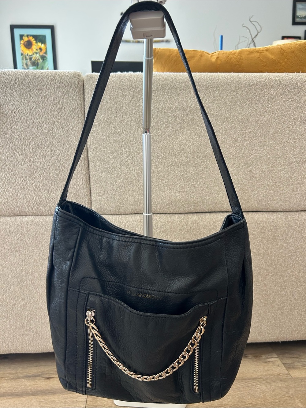 Vintage B. Makowsky Black Leather Shoulder Bag with Gold Chain Accent